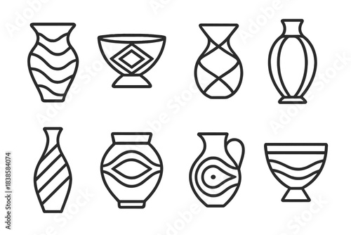 Geometric Pottery Icons. Icons for: geometric illusion pottery icons, linear ceramic mirage symbols, abstract clay distortion