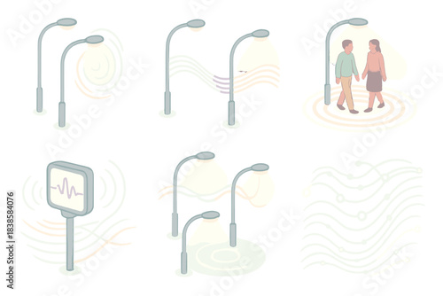 Urban Energy Symphony. Isometric vector illustration set Urban respiration grid: streetlights inhaling and exhaling light, data