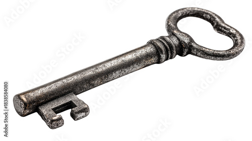 Old metal antique key isolated on white background or transparent png, showing vintage design, worn texture, and historical character.