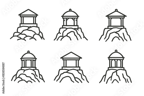 Rocky Terrace Icons. Icons for: rocky belvedere icons, elevated stone terrace symbols, mountainous viewpoint shelters, sculpted