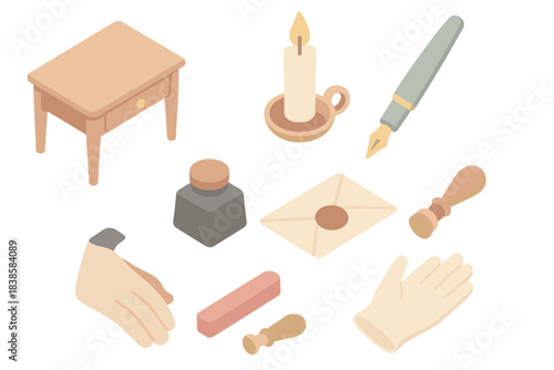 Vintage Writing Essentials. Isometric vector illustration set Vintage writing desk: fountain pen, sealing wax, envelope, candle,