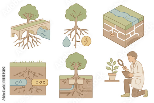 Eco-Structural Systems. Isometric vector illustration set Eco-structural systems: tree root grid supporting bridges, roots