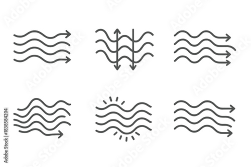 Vibrant Watercourse Rhythms. Line vector icons of directed watercourse vibrations: rhythmic flow outlines, vibrating river lines,