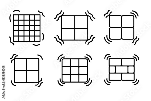 Vibrating Tile Patterns. Line vector icons of vibrating tile patterns: oscillating square grids, shaking ceramic outlines,