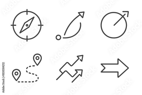 Vector Navigation Elements. Line vector icons of advanced course corrections: precise compass pivots, accurate navigation arcs,