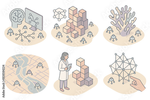 Neural Swarm Construction. Isometric vector illustration set Neural swarm construction: AI network guiding robotic swarm, pattern