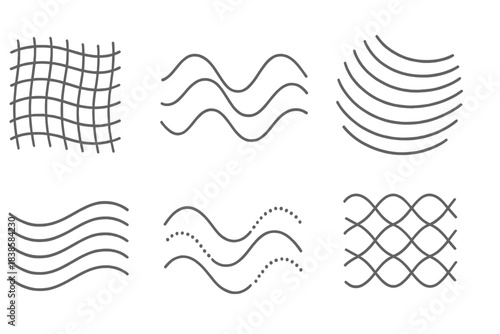 Obscure Flow Icons. Line vector icons of obscure fluctuation concord: hidden wave grids, veiled motion curves, shadowed ripple