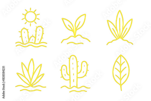 Radiant Desert Flora Outlines. Line vector icons of bright drought-plant lines: sunlit cactus outlines, glowing sand-plant paths,