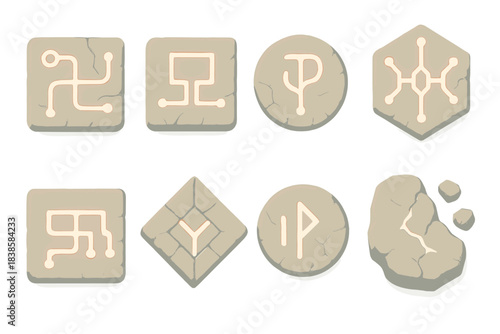 Algorithmic Stone Carvings. Isometric vector illustration set Algorithmic relics: stone circuit carvings, glowing command paths,