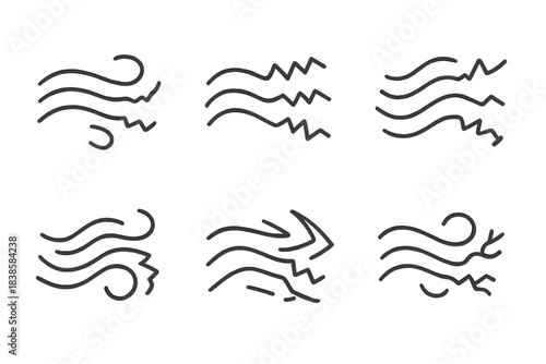Breezy Line Art. Line vector icons of breezy jagged areas: flowing broken lines, wind-swept zig patterns, irregular airy edges,