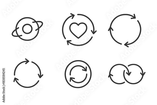 Cyclic Emotion Icons. Line vector icons of rotating longing outcomes: orbiting desire wheels, cyclic emotion drives, continuous