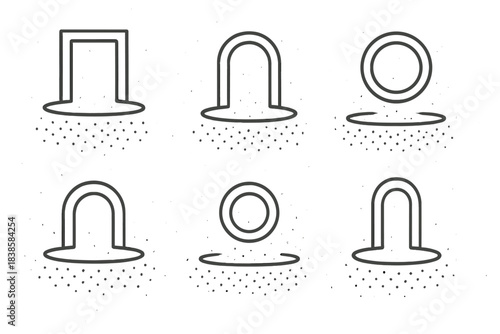 Floating Entrance Icons. Line vector icons of a floating entrance with soft spots: airy doorway outlines, gentle portal circles,