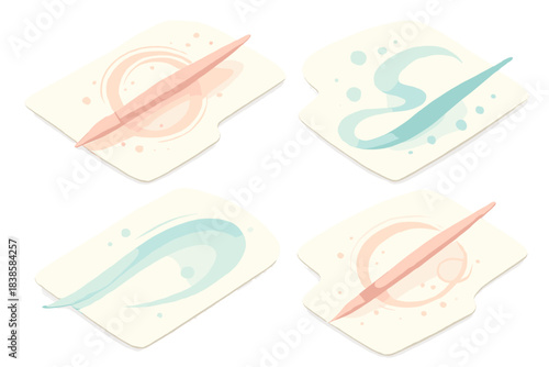 Fluid Gesture Dynamics. Isometric vector illustration set Fluid gesture dynamics: pen strokes blending with splatter rings,