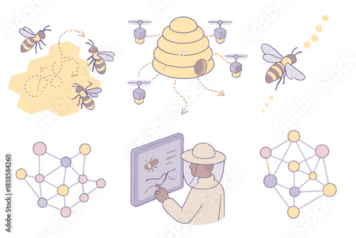 Bee Logistics Network. Isometric vector illustration set Logistical hive intelligence: bees dancing on glowing honeycomb map,
