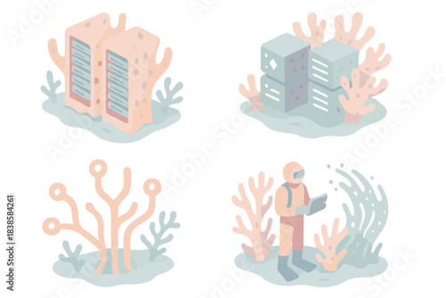 Marine Server Habitat. Isometric vector illustration set Marine server habitat: coral building structures resembling cooling racks