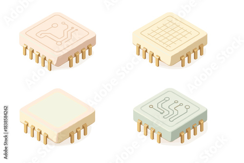 Ceramic Microchip Icons. Isometric vector illustration set Ceramic microchips: porcelain processors, engraved circuits, smooth