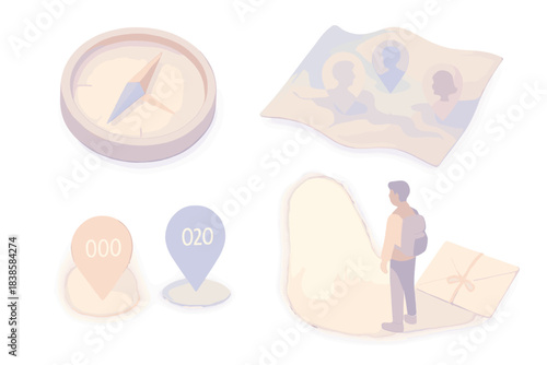 Dream Cartography. Isometric vector illustration set Dream cartography: compass needle aligning with past emotion, ethereal map