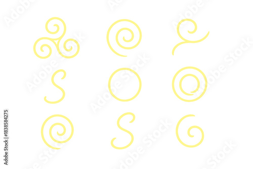 Luminous Ancient Swirls. Line vector icons of luminous ancient swirls: glowing rune spirals, radiant curved glyphs, bright