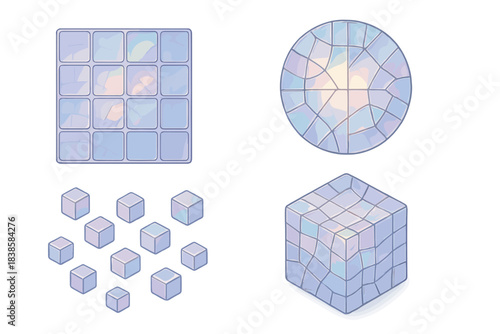 Luminous Stained Glass Pixels. Isometric vector illustration set Luminous pixel fragments: stained glass grid with subtle