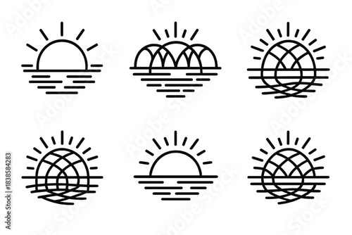 Luminous Lagoon Framework. Line vector icons of a luminous framework above a lagoon: radiant structural arcs, glowing linear