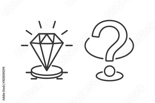 Radiant Crystal Inquiry. Line vector icons of a crystal doubt by the landing: transparent question rings, glowing gem curves,