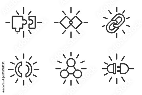 Radiant Geometric Designs. Line vector icons of radiant interlocking designs: luminous connection pieces, glowing geometric merges