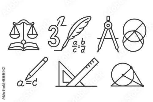 Icons of Ratio and Proportion. Line style icons of ratio and proportion study: balanced scales on open book, numbers forming