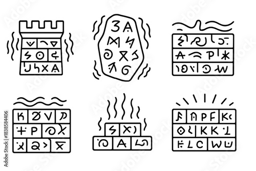 Magical Fortress Vibration. Line style icons of a vibrating fortification with magical characters: fortress made of sigil blocks,