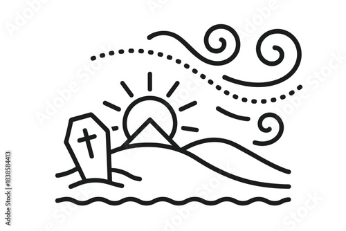Desert Solstice Icons. Line style icons of solstice desert entombment: low dune hill marked by coffin, whirling hot wind shapes,