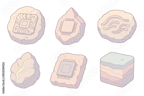 Digital Fossil Icons. Isometric vector illustration set Digital fossils: imprinted circuits in stone, crystal processors, eroded
