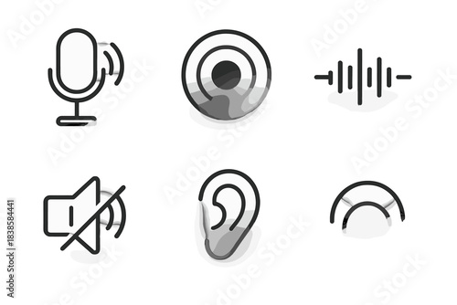 Fading Sound Waves. Line style icons of a shaded final demand via vocalization: voice mark fading into dusk tones, circular pulse