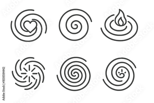 Heart-Centered Whirlpool Icon. Line style icons of a leading whirlpool of devotion: circular current with heart core, spiral lines