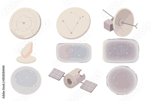 Celestial Probe Relics. Isometric vector illustration set Celestial probe relics: worn navigation disks, faint constellation paths