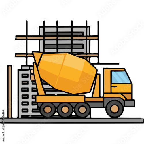 Bright Yellow Concrete Mixer Truck Working on a Construction Site with Building Under Development and Scaffolding Visible Daytime Illumination