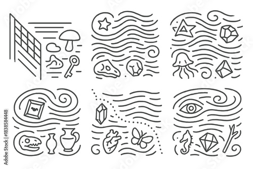 Whimsical Wind Illustrations. Line style icons of a blustery boundary of oddities: diagonal wind barrier, gust patterns over