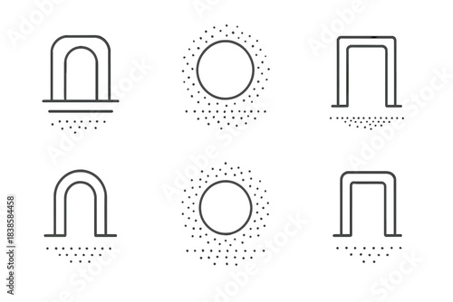 Floating Doorway Icons. Line style icons of a floating entrance with soft spots: gentle doorway hovering above ground, circular