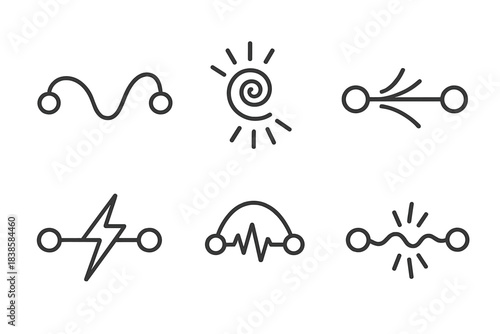 Dynamic Connection Icons. Line style icons of a vibrant connection that springs to life: rhythmic curve linking ends, spiral