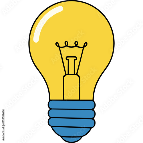 Bright Yellow Incandescent Light Bulb with Blue Screw Base on Black Background Simple Vector Illustration Symbol of Idea Innovation Creativity and Solution