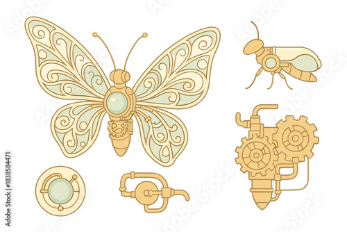 Mechanical Butterfly Study. Isometric vector illustration set Steam-powered bug study: mechanical butterfly with metal filigree