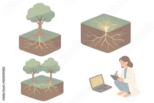 Underground Neural Network. Isometric vector illustration set Underground cognition: glowing network beneath tree roots, neural