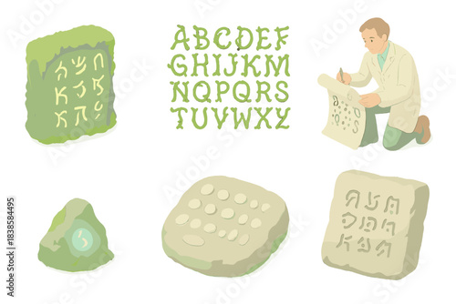 Mossy Bioluminescent Script. Isometric vector illustration set Ancient bio-script: mossy inscription emitting faint light,