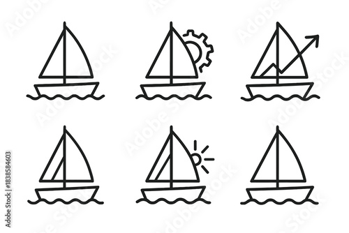 Boat Production Icons. Line style icons of boat spar indicating production: mast beam, gear symbol, rising arrow, sail lines,
