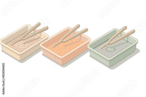 Chemical Photo Process. Isometric vector illustration set Chemical photo process: aligned trays labeled developer, stop bath,