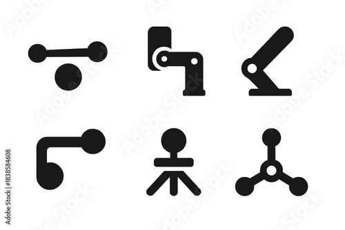 Central Pivot Mechanisms. Solid style icons of central pivot mechanisms: floating pivot point, suspended hinge, levitating joint,