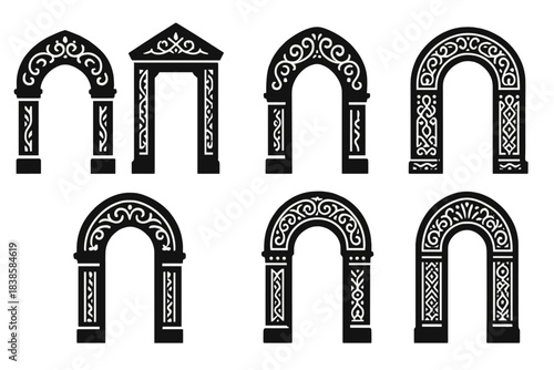 Ornamental Entry Icons. Solid style icons of decorative insight frames: ornamental arch, carved gateway, filigree entry, patterned
