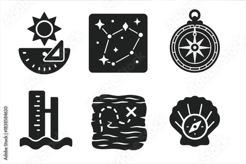 Ancient Navigation Icons. Solid style icons of ancient navigation instruments: sun compasses, star charts, carved astrolabes, tide