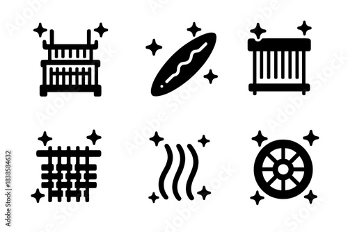 Radiant Loom Icons. Solid style icons of interactive looms: radiant loom, glowing shuttle, luminous warp, gleaming weft, sparkling