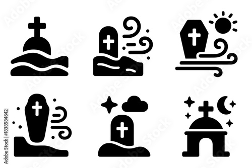 Seasonal Burial Icons. Solid style icons of seasonal burial landscapes: shifting tomb sands, equinox grave winds, solstice coffin