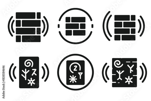 Mystical Wall Icons. Solid style icons of mystical walls: echoing wall, resonant barrier, vibrating fortification, reverberating
