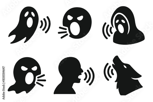 Ominous Vocal Icons. Solid style icons of ominous vocal signals: shadowy warning cry, dark ultimatum, shaded final demand, dusky